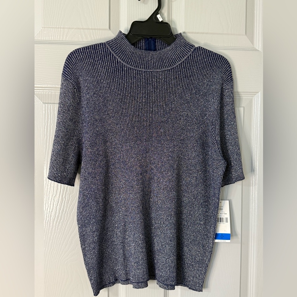 Blue |Ribbed Knit Short Sleeve Sweater| XL
